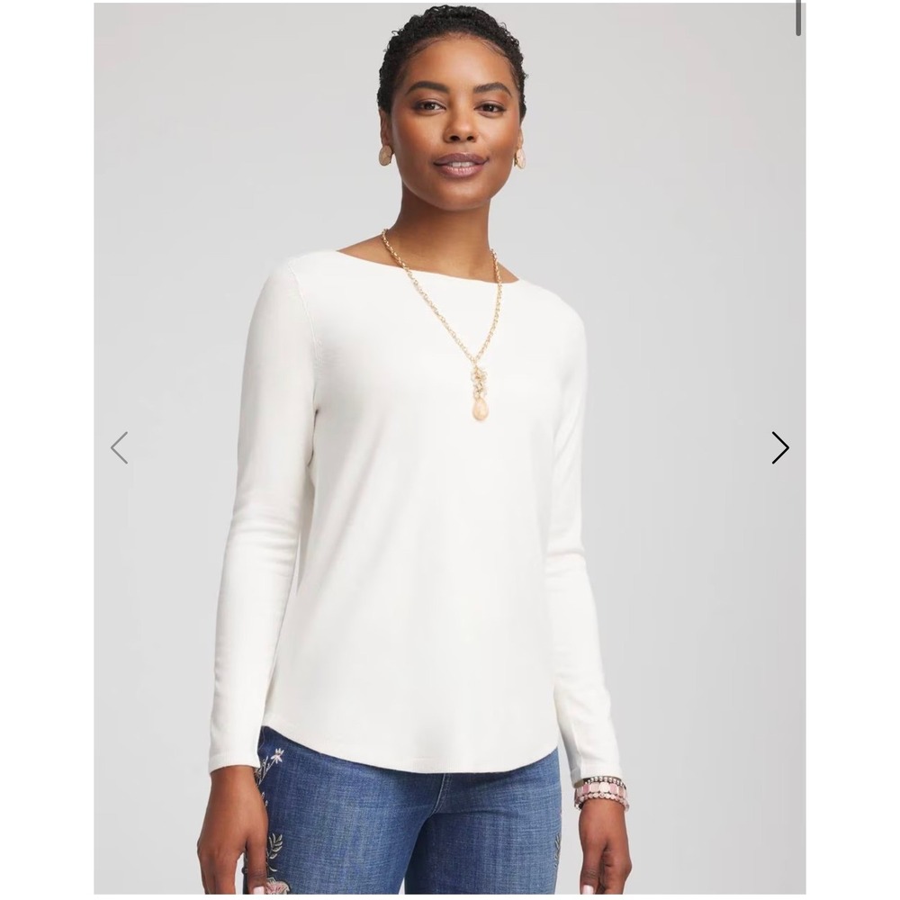 Chicos Boat Neck Long Sleeve Top Alabaster White Size Small NWT